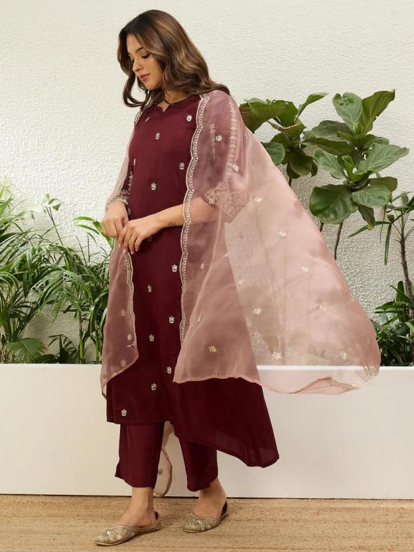 VP 9860 M Women's Maroon Embroidered Straight Kurta Pant Set with Dupatta